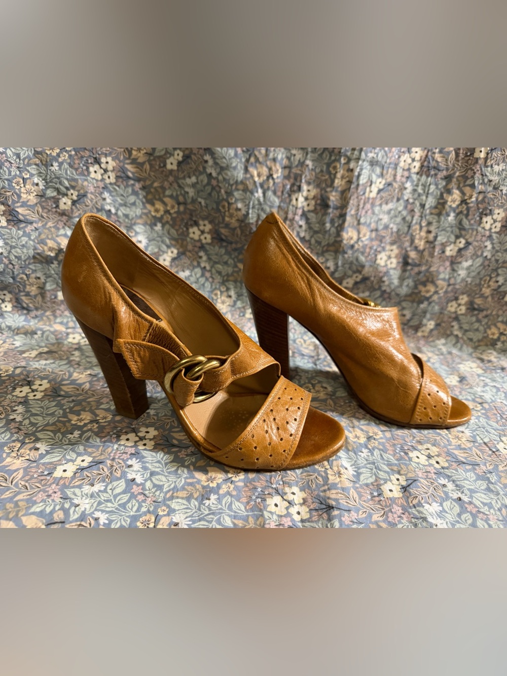 Chloe Camel Leather Peep-Toe Heels with Gold Buckle